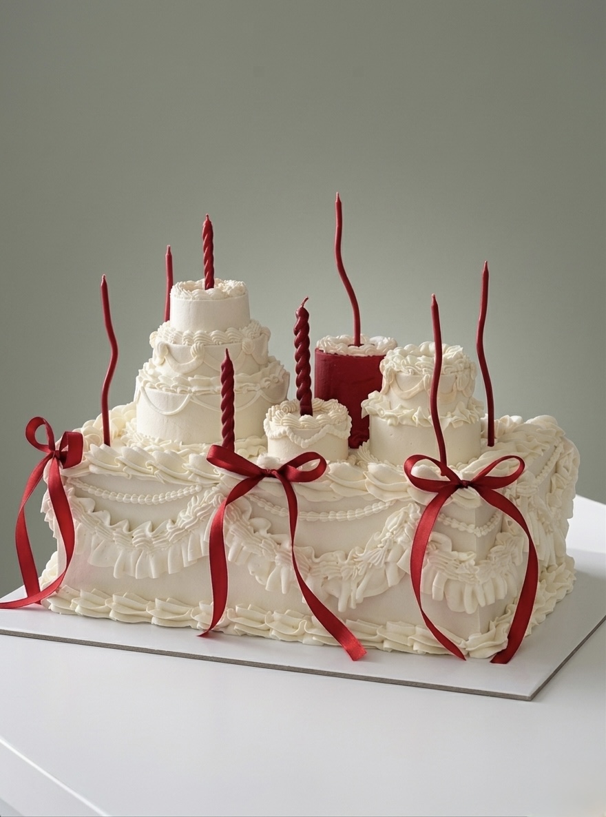 Special Edition Cake mit roten Schleifen und Kerzen